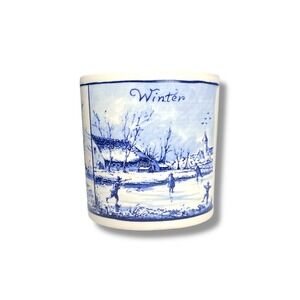 Vtg Delft "Four Seasons" Container Hand Painted Ceramic Blue White Cottage